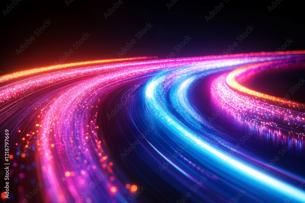 Poster colorful light trails create dynamic patterns in a dark space during an artistic display
