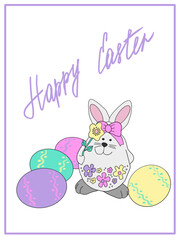 Happy Easter. Rabbit and colorful Easter eggs