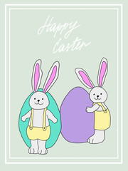 Happy Easter. Cute bunnies are holding big Easter eggs.