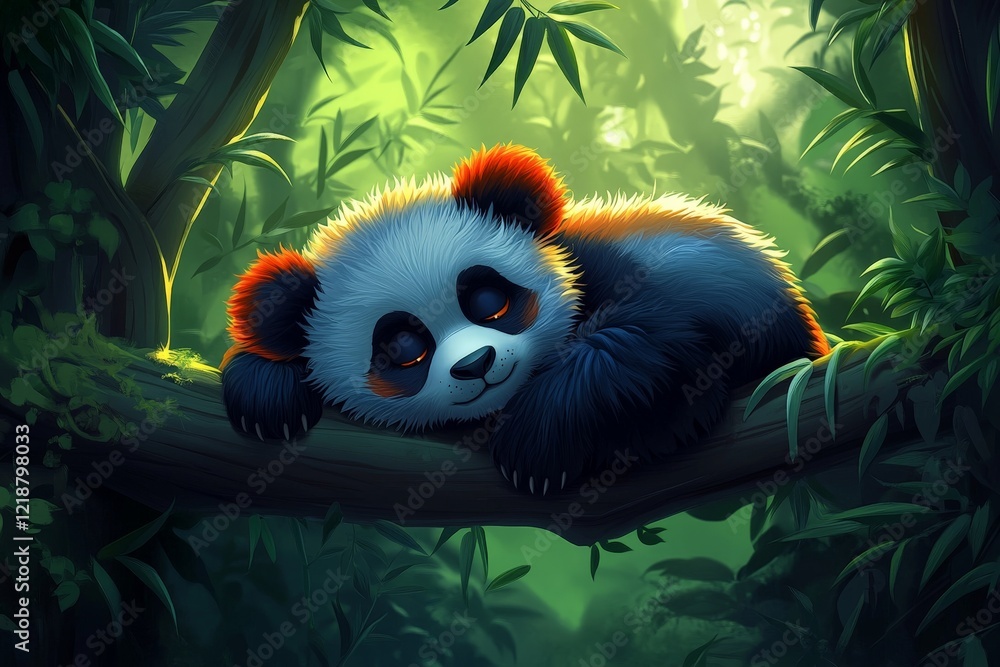 Poster cute panda resting on a branch surrounded by lush greenery in a serene forest setting during daytime
