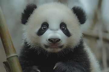 Obraz premium Cute giant panda cub sits on bamboo while curiously looking at the camera in a serene natural habitat