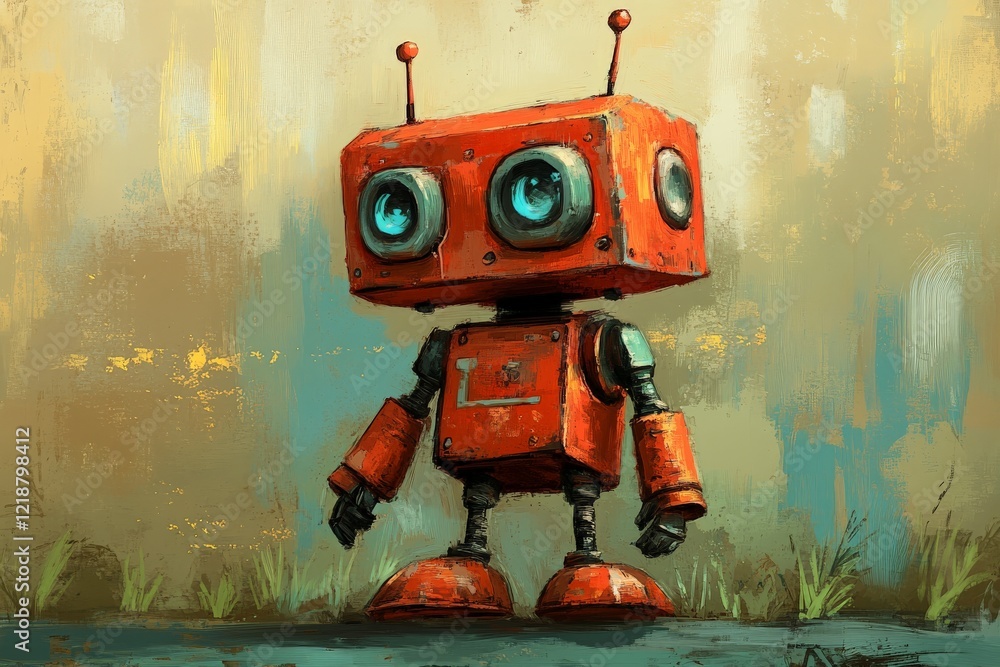Poster colorful retro robot character stands against a textured background in a whimsical setting