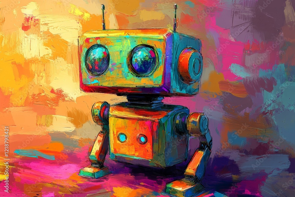Poster colorful robot character standing against a vibrant abstract background with bold brushstrokes and b