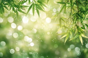 Obraz premium Beautiful bamboo tree background with a bokeh effect, the green and yellow colors of the leaves, a close-up view of bamboo stalks, a nature concept for a spa or wellness design element.