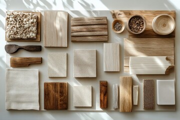 Natural textures and materials arranged on a light wooden surface for design inspiration