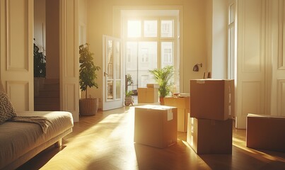 Fototapeta premium Sunlight Streams into New Home Filled with Moving Boxes, signifying a Fresh Start and Exciting New Beginnings.
