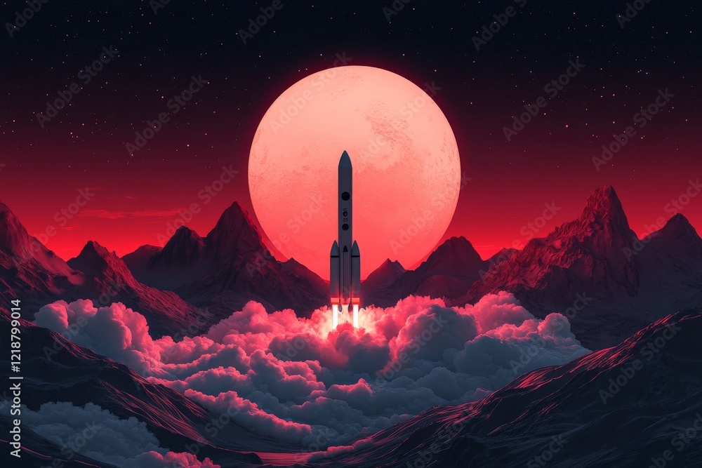 Poster rocket launch at twilight with a red moon illuminating the landscape and mountains in the background