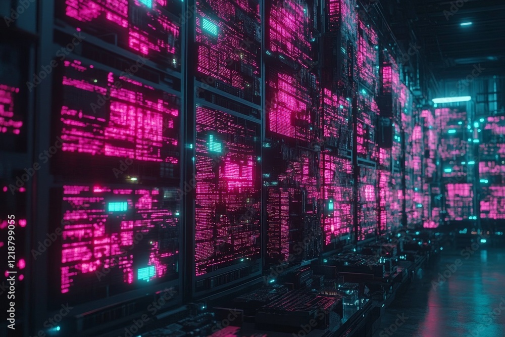 Poster digital landscape of illuminated server racks showcasing vibrant neon patterns in a high-tech enviro