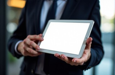 a tablet with a white screen in the hands of a businessman in a suit in close-up with a place for text , a mockup
