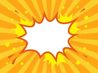 アメコミ風の吹き出しフレーム、オレンジ色の集中線の背景イラスト