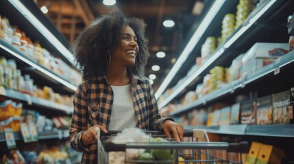 In a welllit supermarket aisle, a joyful young woman with curly hair happily pushes a cart filled with groceries, smiling as she selects products, embodying the delight of a satisfied customer