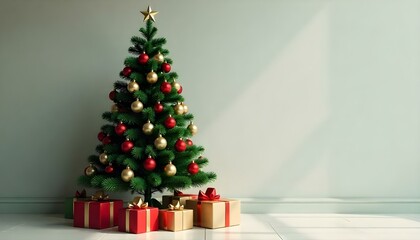 A Christmas tree with ornaments and gifts on a wooden floor, dark background