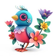 Fototapeta premium Colorful Cartoon Bird Surrounded by Flowers and Green Leaves