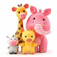 Naklejka premium Cute Cartoon Animals with Giraffe, Pig, Cow and Elephant Friends