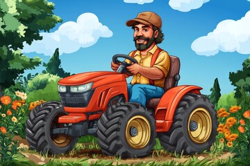 Obraz premium Farmer driving a red tractor through a vibrant field of flowers on a sunny day