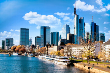 Frankfurt skyline with ship and banks of the Main, Hesse,Germany
