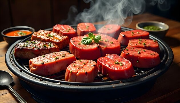 A hearty family style parrillada on a wooden board, featuring grilled meats and vegetables