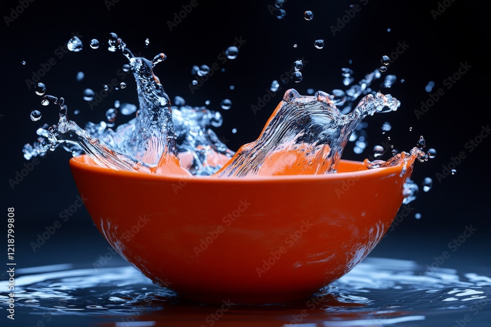 Poster water splashes dramatically from an orange bowl in a dark setting creating a striking visual effect