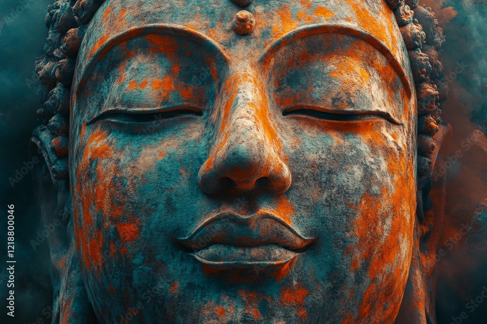 Poster serene expression of an ancient buddha statue with intricate textures and weathered colors