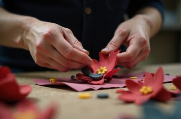 close-up hands making flowers from polymer clay, plasticine