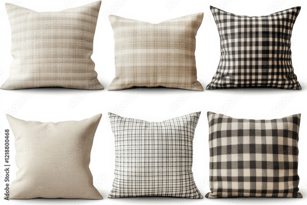 Poster decorative throw pillows arranged in various patterns and colors on a white background showcasing mo