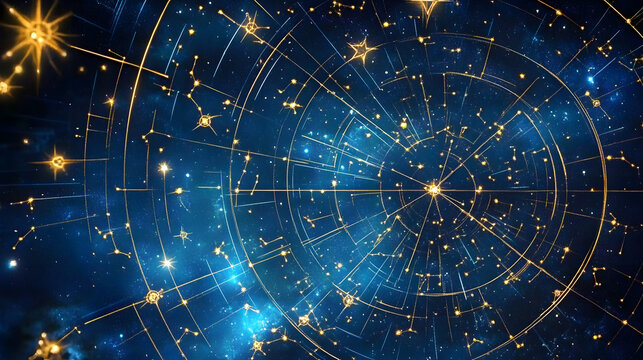 Zodiac signs and constellations in a cosmic sky. Astrology theme digital illustration with star map