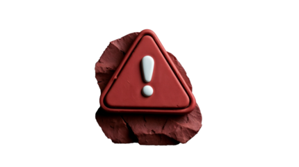 Sculptural Clay Red Warning Icon with 3D White Exclamation Mark Textured Bold Design on Transparent Background