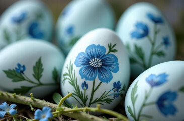 Fototapeta premium Easter eggs painted with blue blue floral print for Easter