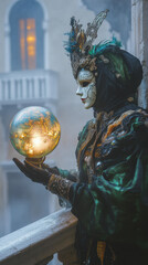 Fototapeta premium Storyteller holding glowing celestial globe on misty balcony, ornate mask illuminated by lantern light: Venetian Carnival