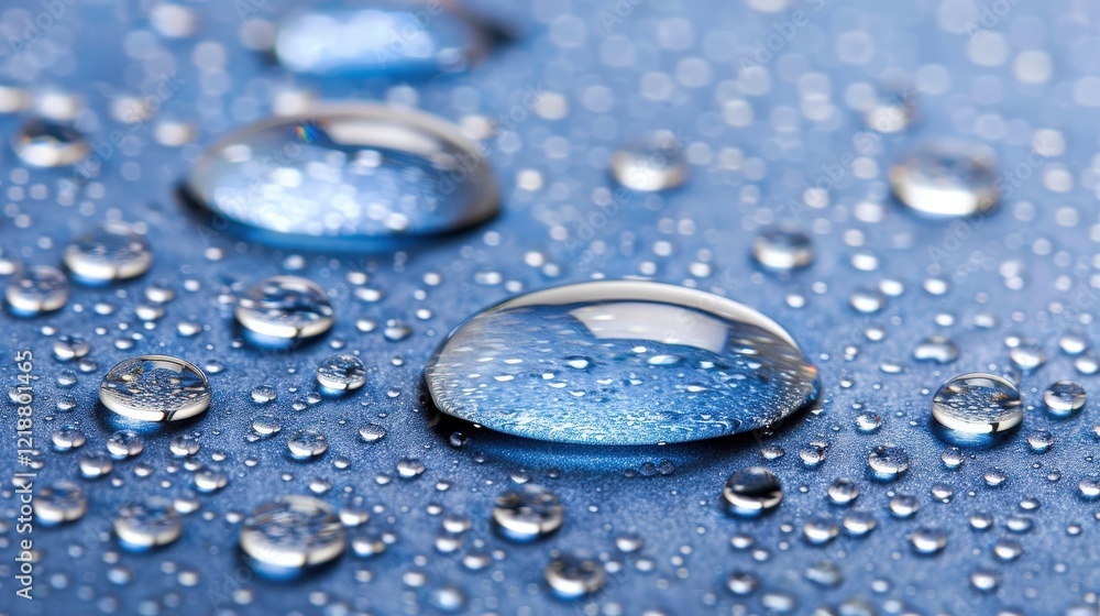 Poster close-up of water droplets on a smooth blue surface, showcasing reflections and textures in a serene