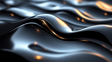 Abstract fluid shapes with glowing edges in dark metal tones illuminated by soft light creating a futuristic and elegant aesthetic. Generative AI