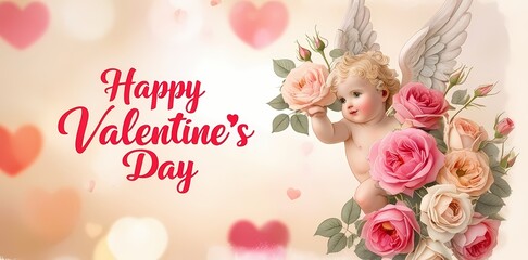 Floral elements on a colorful postcard with a caption "Happy Valentine's Day".