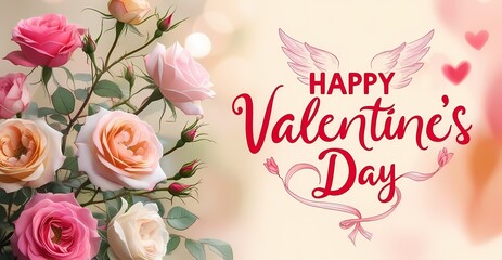 Floral elements on a colorful postcard with a caption "Happy Valentine's Day".
