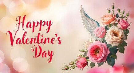 Floral elements on a colorful postcard with a caption "Happy Valentine's Day".