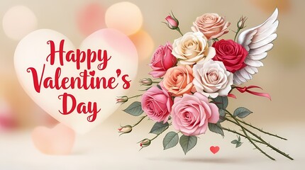 Floral elements on a colorful postcard with a caption "Happy Valentine's Day".