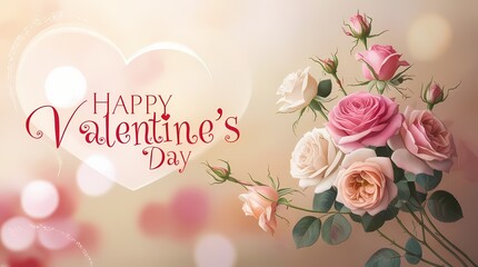 Floral elements on a colorful postcard with a caption "Happy Valentine's Day".