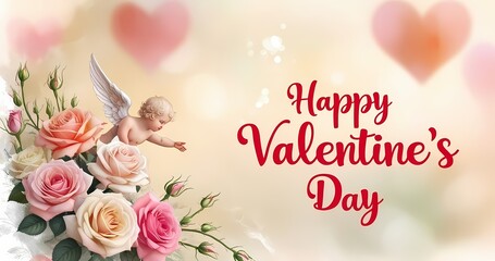 Floral elements on a colorful postcard with a caption "Happy Valentine's Day".