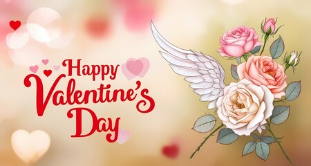 Floral elements on a colorful postcard with a caption "Happy Valentine's Day".