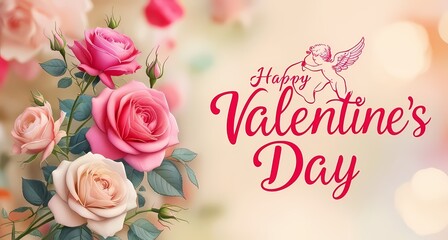 Floral elements on a colorful postcard with a caption "Happy Valentine's Day".