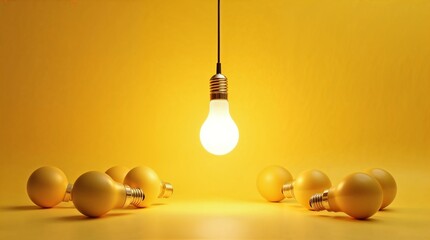 Glowing Light Bulb Among Matte Bulbs on a Vibrant Yellow Background