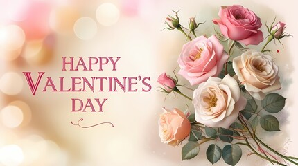 Floral elements on a colorful postcard with a caption "Happy Valentine's Day".