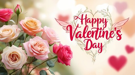Floral elements on a colorful postcard with a caption "Happy Valentine's Day".