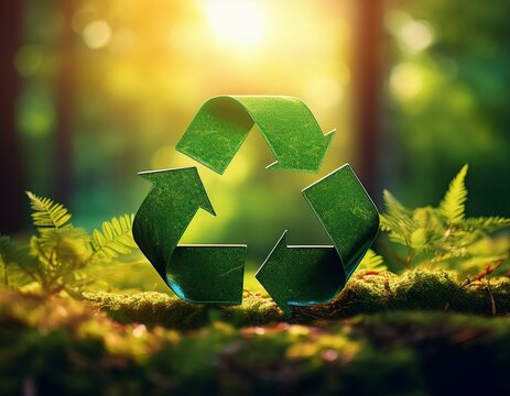 green recycling symbol on blurred forest background sunlight