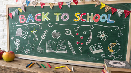 Green chalkboard Back to school concept banner notebook, element, write, sale,graphic design background.