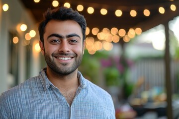 Fototapeta premium Smiling man stands outdoors under string lights in a relaxed setting during the evening hours, capturing a moment of joy