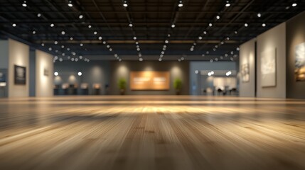 Fototapeta premium Abstract Interior View of a Spacious Exhibition Hall with Wooden Flooring and Softly Blurred Background Lighting Effect