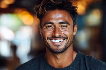 Fototapeta premium Smiling man with short dark hair enjoys a joyful moment in a lively café at midday
