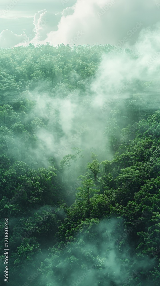 Poster a lush green forest shrouded in mist, creating a mystical atmosphere with towering trees and clouds 