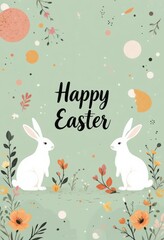 Happy Easter illustration with bunnies and floral elements on a green background.