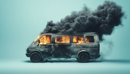 Burning Van: Vehicle Fire, Smoke, Flames, Destruction, Emergency, Disaster, Accident, Transportation, Combustion, Hazard